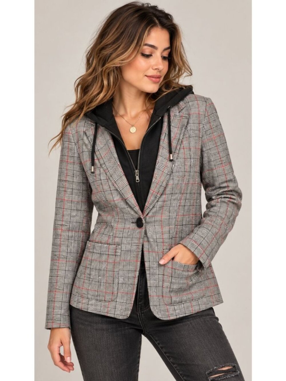 Wild Fable Women’s XS Plaid Hooded Blazer Jacket Preppy Academia Y2K Grunge